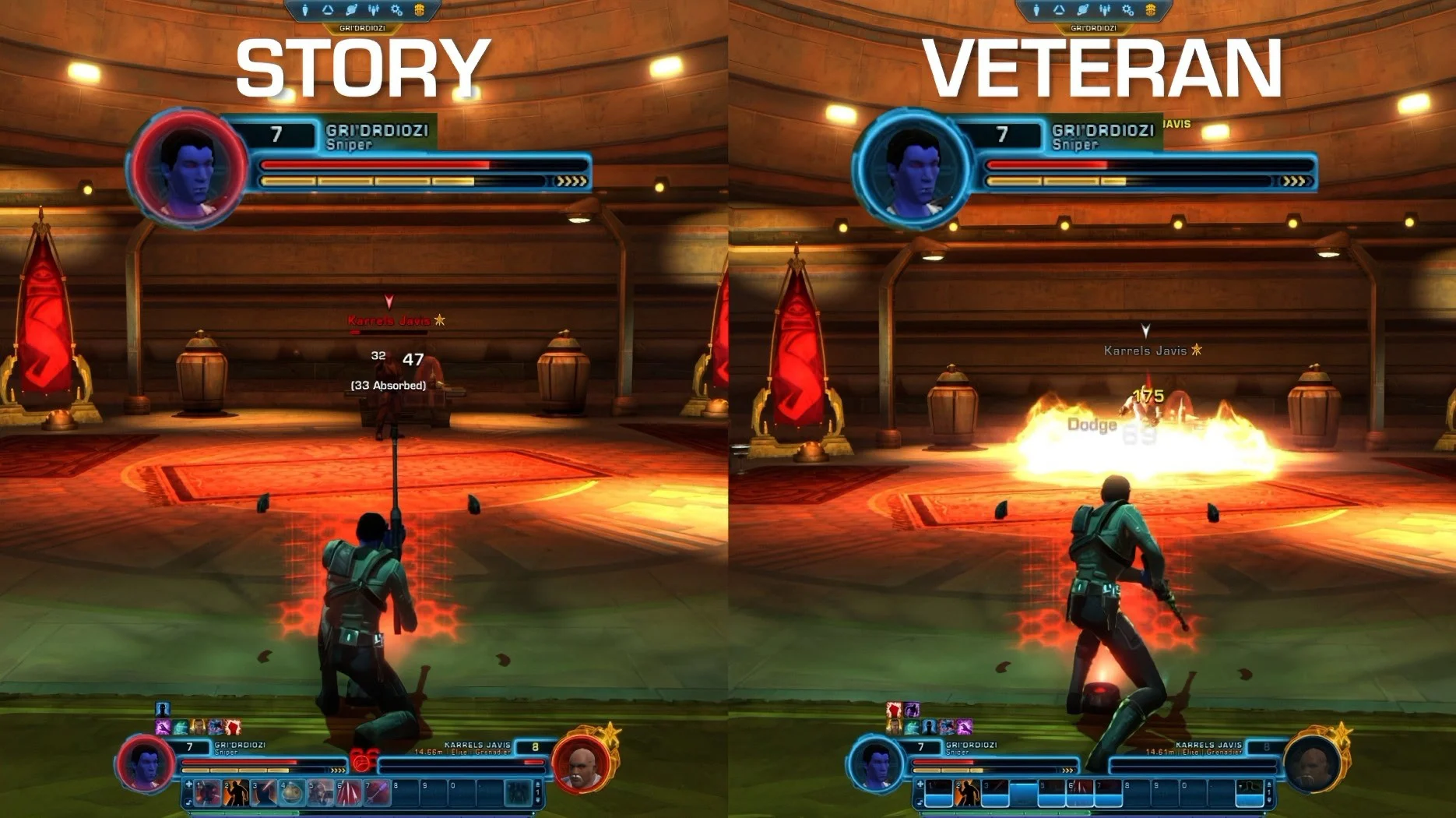 Side by side from Broadsword's stream: the same enemy on Story mode and on Veteran mode, with the incoming damage numbers jumping from the 30s and 40s to 175 (Broadsword Online Games / Electronic Arts)