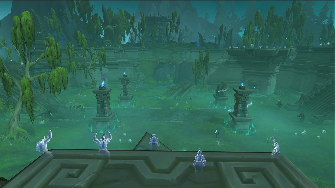 Spirit sentinels stand watch over a mist-flooded temple courtyard on the Coiled Isle (Blizzard Entertainment)