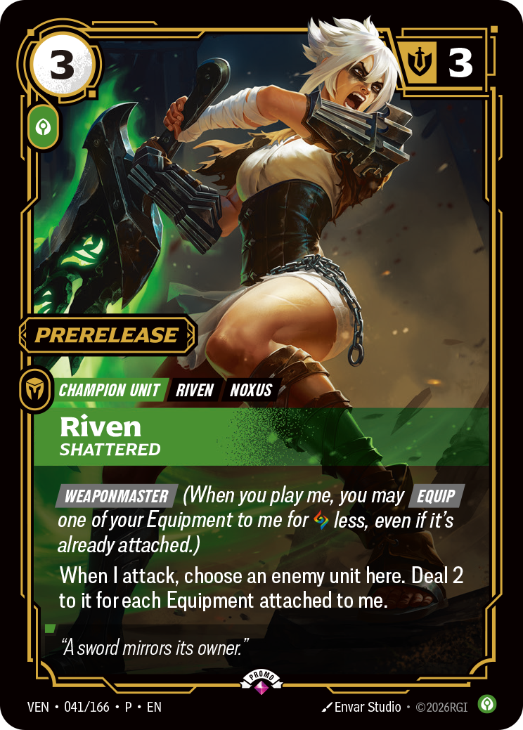 Riven, Shattered -- a Vendetta showcase card. (Riot Games)