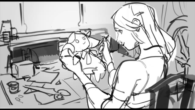 Storyboard: a seamstress stitching a doll at her worktable