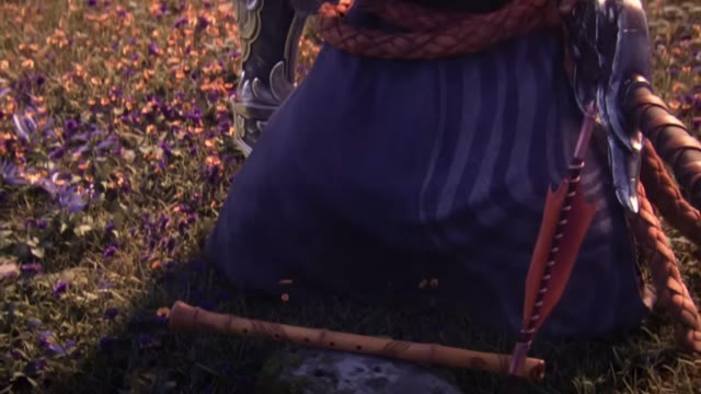 The Climb (0:16): Yasuo down in a field of flowers, an arrow at his back and his flute on the grass beside him.