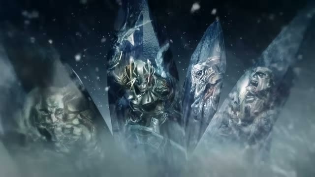 Armoured figures and screaming faces held upright inside splintered slabs of ice, snow blowing past them. Still from the Enter the Freljord cinematic (0:26).