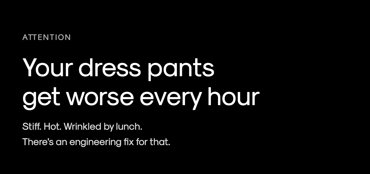 Hero headline about the 3pm comfort problem above the Kinetic Pant image