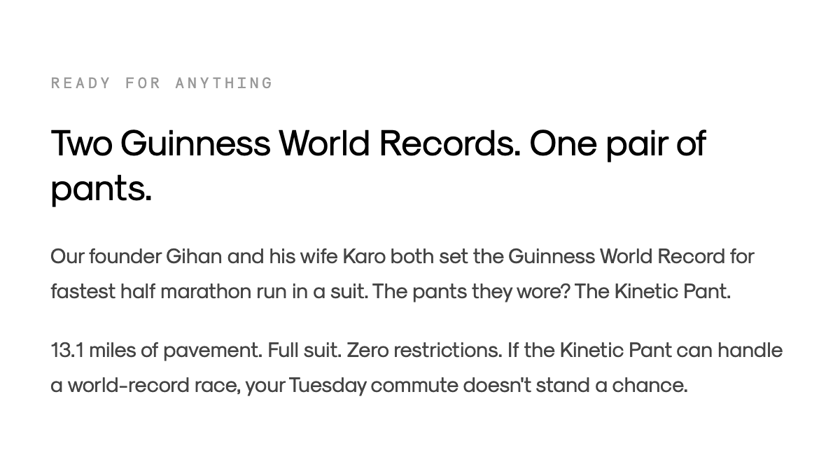 Founders Gihan and Karo set the Guinness World Record for fastest half marathon in a suit wearing Kinetic Pants