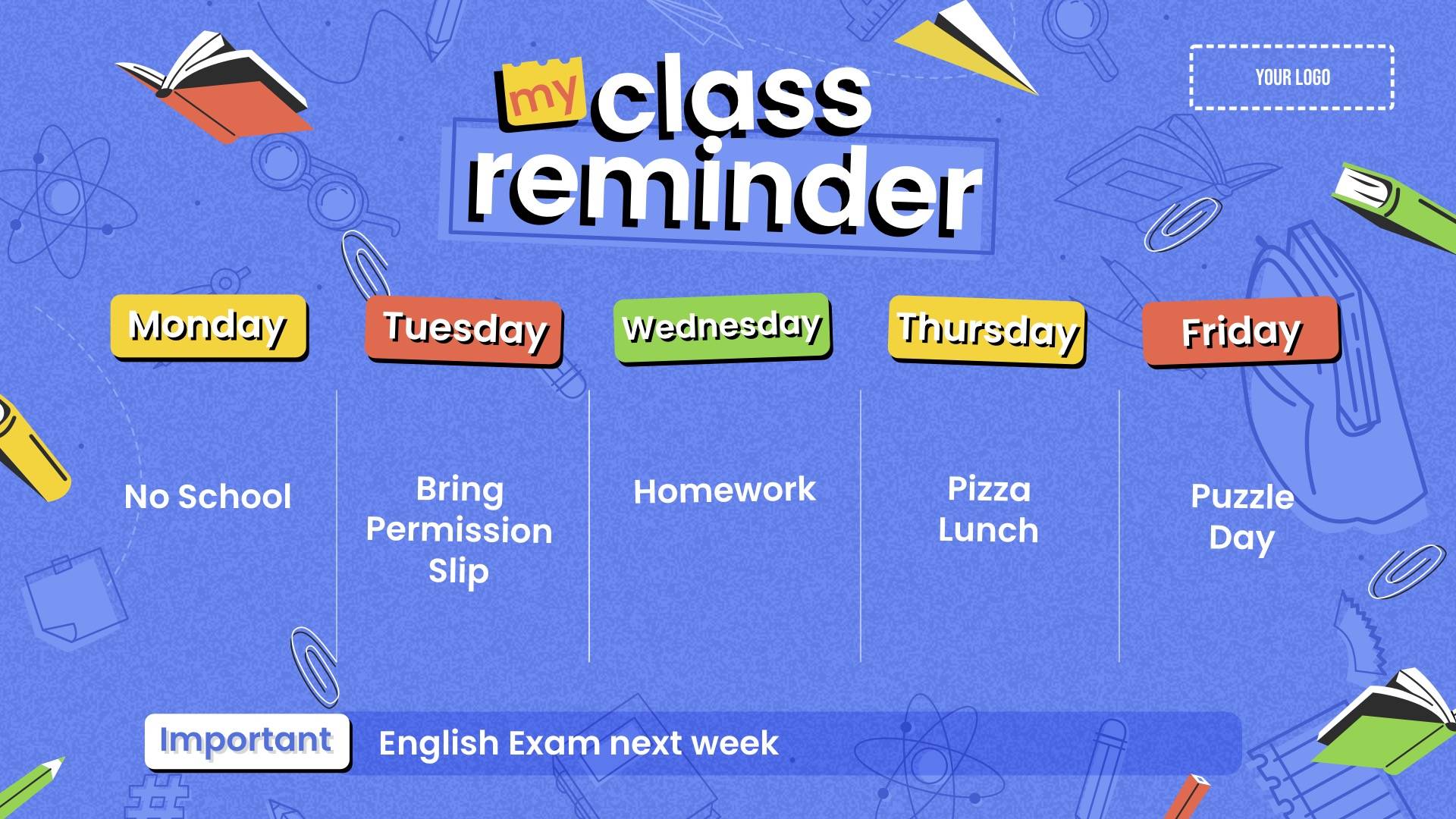 Classroom Weekly Reminder Digital Signage Template