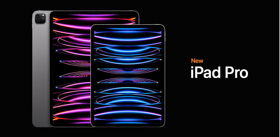 Three iPad Pro tablets. Two facing forward and once facing back with the camera showing