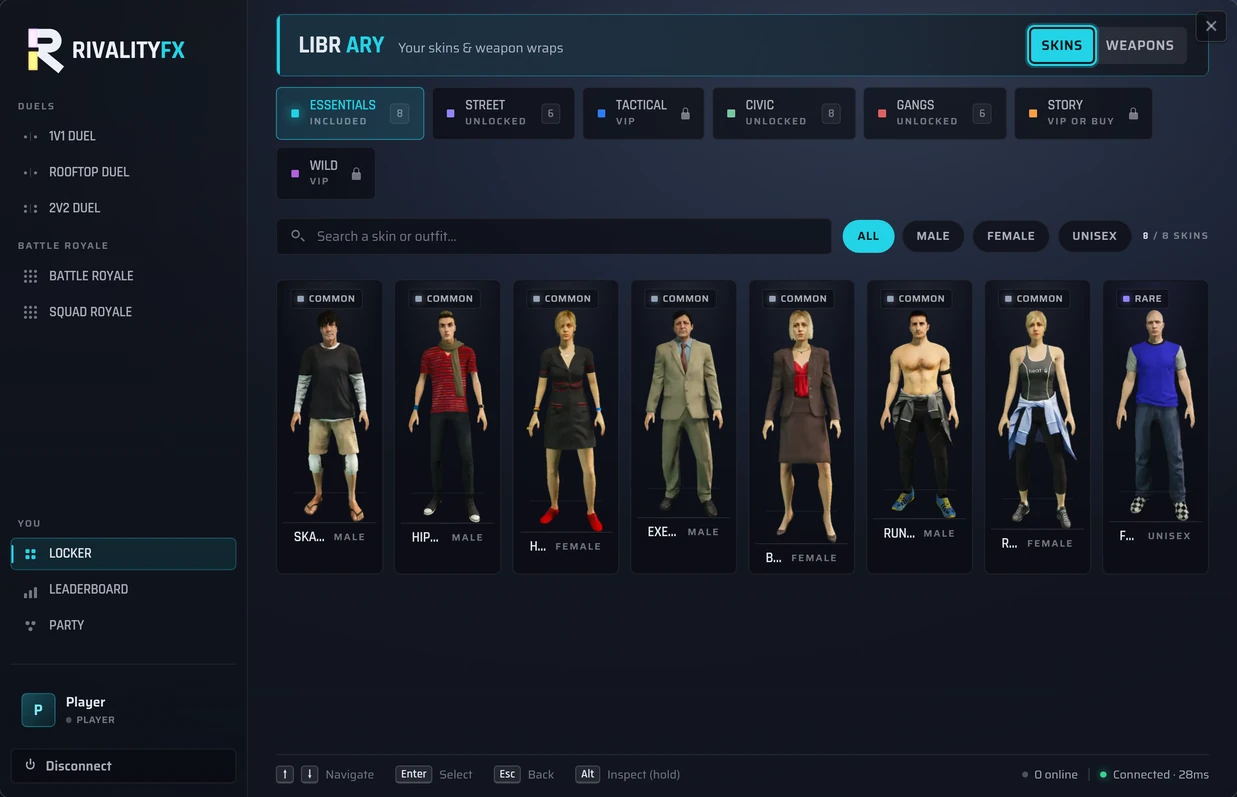 The RivalityFX Appearance menu as a free player sees it: packs included with the              game beside the locked ones these products unlock