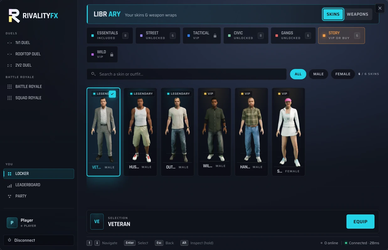 A Story skin selected in the Appearance menu, with the Equip button ready