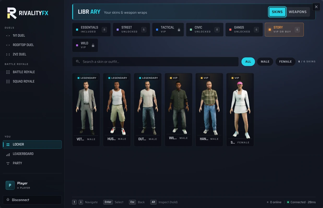 The Story pack open in the RivalityFX Appearance menu, showing all six skins