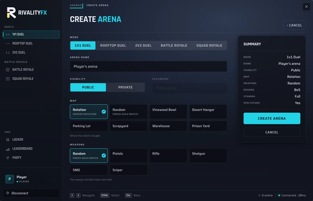 The Create Arena screen a VIP member can open: mode, name, visibility, map and weapons