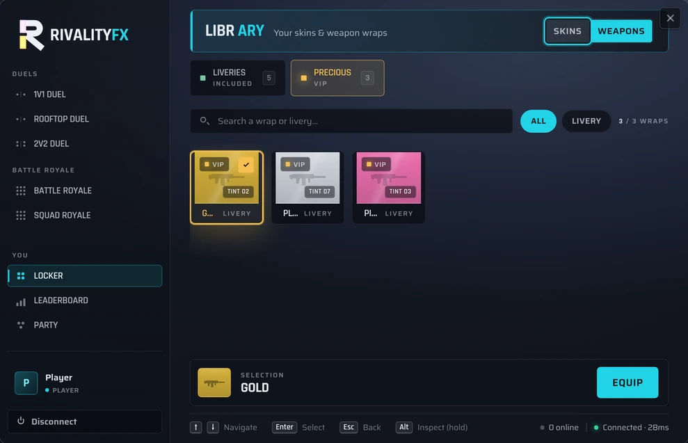 The Precious weapon liveries unlocked in the RivalityFX Appearance menu