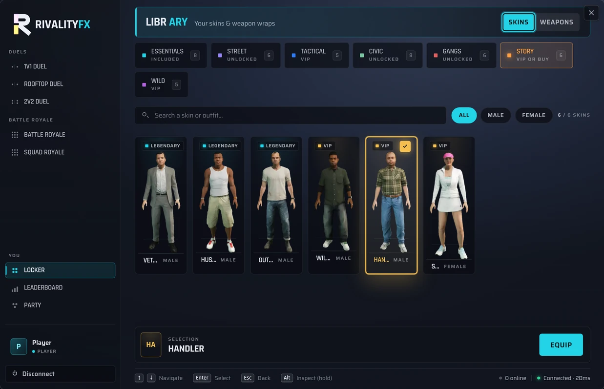 The Story pack unlocked in the RivalityFX Appearance menu, showing six skins