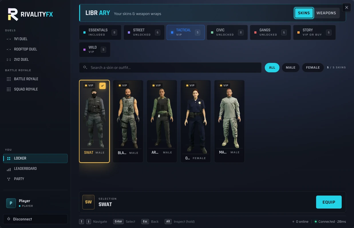 The Tactical pack unlocked in the RivalityFX Appearance menu, showing five skins