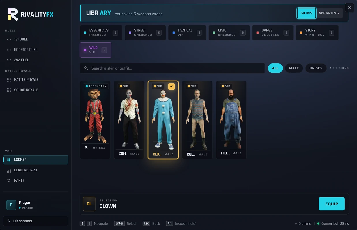 The Wild costume pack unlocked in the RivalityFX Appearance menu, showing five skins