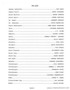 Page 1 of the the cast credits/page 2 of the film credits from the US Press Materials folder. Text: THE CAST Johnny LaGuardia..........................................TIM CURRY Pamela Pearl.........................................TRINI ALVARADO Nicky Marotta.........................................ROBIN JOHNSON David Pearl..........................................PETER COFFIELD Dr. Huber...........................................HERBERT BERGHOF Dr. Zymansky........................................DAVID MARGULIES Rosie Washington................................ANNA MARIA HORSFORD JoJo...............................................MICHAEL MARGOTTA Simon....................................................J.C. QUINN Roberto...............................................MIGUEL PINERO Heavy.......................................RONALD "SMOKEY" STEVENS Blondell...............................................BILLY MERNIT Blondell..................................................PAUL SASS Blondell............................................ARTIE WEINSTEIN Eastman..................................................TIM CHOATE Disco Hostess........................................ELIZABETH PENA Nurse Joan..............................................KATHY LOJAC Nurse May..............................................SUSAN MERSON Don Dowd............................................GEORGE MORFOGEN Speaker...........................................CHARLES BLACKWELL Stuntplayer............................................BILL ANAGNOS Stuntplayer......................................TAMMAS J. HAMILTON Stuntplayer..........................................FRANKLYN SCOTT Stuntplayer..............................................JANE SOLAR Stuntplayer....................................VICTORIA VANDERKLOOT Dude.................................................STEVE W. JAMES Plainclothes Cop........................................JAY ACOVONE Magda............................................