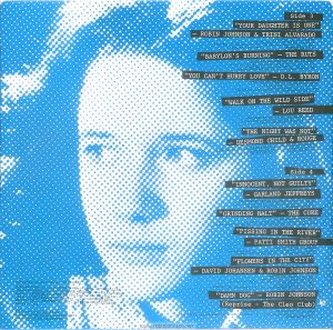 A blue pixellated image of Trini Alvarado. Text: Side 3 "YOUR DAUGHTER IS ONE" - ROBIN JOHNSON & TRINI ALVARADO PRODUCED BY BILL OAKES (by Billy Mernit, Norman Ross and Jacob Brackman; Stigwood Music, Inc. (Unichappell Music, Admin.) (BMI) Engineer: John Pace ℗1980 Multiplier N.V. "BABYLON'S BURNING" - THE RUTS PRODUCED AND ARRANGED BY MICK GLOSSOP (by John Jennings, Dave Ruffy, Malcolm Owen and Paul Fox; Nymph Music (Unichappell Music, Admin.) (BMI) (COURTESY OF VIRGIN RECORDS, LTD. ) ℗ 1979 VIRGIN RECORDS LTD. ltd . "YOU CAN'T HURRY LOVE"- D.L. BYRON PRODUCED BY JIMMY IOVINE WITH JON SMALL (by E. Holland, L. Dozier, S. Holland; Stone Agate Music Division) (BMI) (COURTESY OF ARISTA RECORDS, INC.) ℗ 1980 ARISTA RECORDS, INC. "WALK ON THE WILD SIDE" - LOU REED PRODUCED BY DAVID BOWIE AND MICK RONSON (by Lou Reed; Oakfield Avenue Music, Ltd.) (BMI) (COURTESY OF RCA REC0RDS ) ℗ 1972 RCA RECORDS "THE NIGHT WAS NOT" - DESMOND CHILD & ROUGE PRODUCED BY RICHARD LANDIS AND D.C. ASSOCIATE PRODUCTIONS (by Desmond Child; Desmobile Music Co. (ASCAP) (COURTESY OF CAPITOL RECORDS, INC.) ℗ 1979 CAPITOL RECORDS, INC. Side 4 "INNOCENT, NOT GUILTY" - GARLAND JEFFREYS PRODUCED BY GARLAND JEFFREYS AND BILL OAKES (by Garland Jeffreys; Garland Jeffreys Music ) (ASCAP) Engineer: John Pace ℗1980 Multiplier N.V. "GRINDING HALT" - THE CURE PRODUCED BY CHRIS PARRY (by Tolhurst Dempsey Smith; APB Music Co., Ltd.) (COURTESY OF FICTION RECORDS/POLYDOR LTD./JEM RECORDS) ℗ 1979 FICTION RECORDS "PISSING IN THE RIVER" - PATTI SMITH GROUP PRODUCED BY JACK DOUGLAS (by Patti Smith and Ivan Kral; Linda's Music Corp.) (ASCAP) (COURTESY OF ARISTA RECORDS, INC.) ℗ 1976 ARISTA RECORDS, INC. "FLOWERS IN THE CITY" - DAVID JOHANSEN & ROBIN JOHNSON PRODUCED BY DAVID JOHANSEN (by David Johansen and Ronnie Guy; Buster Poindexter, Inc. and Purple Man Publishing (BMI) (COURTESY OF BLUE SKY RECORDS, INC./CBS RECORDS) ℗ 1980 BLUE SKY RECORDS, INC. "DAMN DOG" - ROBIN JOHNSON (Reprise - The Cleo Club) PRODUCED BY BILL OAKES (by Billy Mernit and Jacob Brackman; Stigwood Music, Inc. (Unichappell Music, Admin.) (BMI) ℗1980 Multiplier N.V. Album Executive Producer : BILL OAKES Special Thanks to : GREG SHELDON (Music Editor), TOM GULLINO (Associate Music Editor), DARRELL HANZALIK (Assistant Music Editor), MICHAEL KIRCHBERGER (Collaborating Film Editor), the D.L. BYRON BAND (for "Damn Dog"), and to SOUNDMIXERS, RECORD PLANT, THE POWER STATION, and MEDIA SOUND STUDIOS, New York City. Art Direction: GLENN ROSS Design: GEORGE CORSILLO /GRIBBITT Back Cover Photo: MICK ROCK This digital surrogate created by Sean Rockoff for robinjohnson.net.