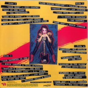 The back cover of the Canadian edition of the "Times Square" soundtrack album. Text: Side 1 "ROCK HARD" - SUZI QUATRO "TALK OF THE TOWN" - THE PRETENDERS" "SAME OLD SCENE" - ROXY MUSIC "DOWN IN THE PARK" - GARY NUMAN "HELP ME!" - MARCY LEVY & ROBIN GIBB Side 2 "LIFE DURING WARTIME" - TALKING HEADS "PRETTY BOYS" - JOE JACKSON "TAKE THIS TOWN" - XTC "I WANNA BE SEDATED" - THE RAMONES "DAMN DOG" - ROBIN JOHNSON Side 3 "YOUR DAUGHTER IS ONE" - ROBIN JOHNSON & TRINI ALVARADO "BABYLON'S BURNING" - THE RUTS "YOU CAN'T HURRY LOVE" - D.L. BYRON "WALK ON THE WILD SIDE" - LOU REED "THE NIGHT WAS NOT" - DESMOND CHILD & ROUGE Side 4 "INNOCENT, NOT GUILTY" - GARLAND JEFFREYS "GRINDING HALT" - THE CURE "PISSING IN THE RIVER" PATTI SMITH GROUP "FLOWERS IN THE CITY" - DAVID JOHANSEN & ROBIN JOHNSON "DAMN DOG" — ROBIN JOHNSON (Reprise - The Cleo Club) Album Executive Producer: Bill Oakes RSO® Records, Inc. ℗ 1980 Multiplier N.V. © 1980 Butterfly Valley N.V. ALL RIGHTS OF THE PRODUCER AND OF THE OWNER OF THE WORK REPRO- DUCED RESERVED. UNAUTHORISED COPYING; HIRING; LENDING; PUBLIC PER- FORMANCE AND BROADCASTING OF THIS RECORD PROHIBITED. MANUFAC- TURED BY POLYGRAM INC. AND DISTRIBUTED BY POLYGRAM DISTRIBUTION INC., 6000 COTE DE LIESSE, ST-LAURENT, QUEBEC H4T 1E3 - MADE IN CANADA DISTRIBUTION PolyGram (This digital surrogate created by Sean Rockoff for robinjohnson.net.)