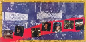 The inner gatefold of the US edition of the "Times Square" Original Motion Picture Soundtrack Text: Produced by ROBERT STIGWOOD AND JAC0B BRACKMAN Directed by ALAN MOYLE An EMI Release ROBERT STIGWOOD Presents "TIMES SQUARE" Starring TIM CURRY TRINI ALVARADO and Introducing ROBIN JOHNSON as Nicky With PETER COFFIELD HERBERT BERGHOF DAVID MARGULIES ANNA MARIA HORSFORD Costumes Designed by ROBERT deMORA Production Designer STUART WURTZEL Story by ALAN MOYLE AND LEANNE UNGER Screenplay by JACOB BRACKMAN Edited by TOM PRIESTLEY Executive Producers KEVIN McCORMICK JOHN NICOLELLA Associate Producer BILL OAKES Director of Photography JAMES A. CONTNER