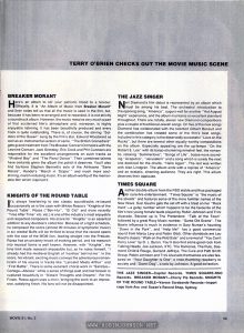 Film soundtrack reviews by Terry O'Brien from Movie 81 No. 2, pp. 58-59 Relevant text: TERRY O’BRIEN CHECKS OUT THE MOVIE MUSIC SCENE TIMES SQUARE Another double-album from the RSO stable and thus packaged for sure-fire entertainment. “Times Square” is “the music of the streets” and features some of the more familiar names of the New Wave. Suzi Quatro gets the set off with a blast on her “Rock Hard”—a gutsy number which happens to be the favourite of the film’s two young female leads played by Robin Johnson and Trini Alvarado. Second up is The Pretenders’ “Talk of the Town” followed by a great Roxy Music number, “Same Old Scene”. The Bowie influence is much in evidence in Gary Numan’s haunting “Down in the Park”, and “Help Me!” has a good commercial sound from Marcy Levy and Robin Gibb. Other standouts are Lou Reed’s classic “Walk on the Wild Side” and a revival of “You Can’t Hurry Love” by D. L. Byron. You’ll also find some good rock from Talking Heads, Joe Jackson, XTC, The Ramones, The Ruts, Desmond Child & Rouge, Garland Jeffreys, The Cure and Patti Smith Group. Robin Johnson and Trini Alvarado themselves are also featured on “Your Daughter is One” a nose-thumbing raspberry to society and “Damn Dog”, a solo by Johnson. A good collection. TIMES SQUARE-RSO Records MOVIE 81, No. 2 59