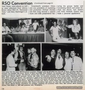 Page 119 of music industry trade magazine, with briefmention of TIMES SQUARE (1980) and soundtrack ad on the back cover [Relevant text:] Dreamland's president Chinn and vice presidents of marketing and promotion Michael Dundas and Rick Swig showed a special music and slide presentation featuring the groups Spider and Consenting Adults and artists Michael Des Barres, Suzi Quatro and Holly Penfield. Quatro also made a personal appearance. Dreamland president Nicky Chinn presents Suzi Quatro, who appeared in support of her forthcoming Dreamland album and her single, “Rock Hard,” which also appears on the RSO “Times Square” soundtrack.