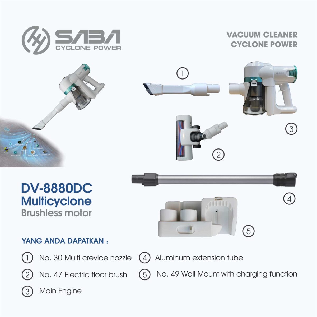 SABA Smart Living Cordless Vacuum Cleaner DV-8880DC + UV Filter