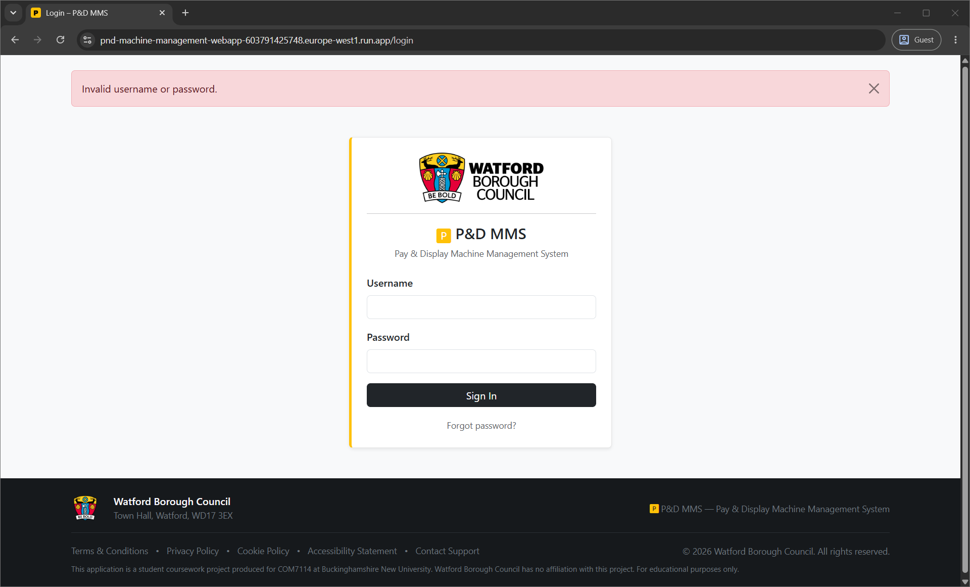 Login page – error state