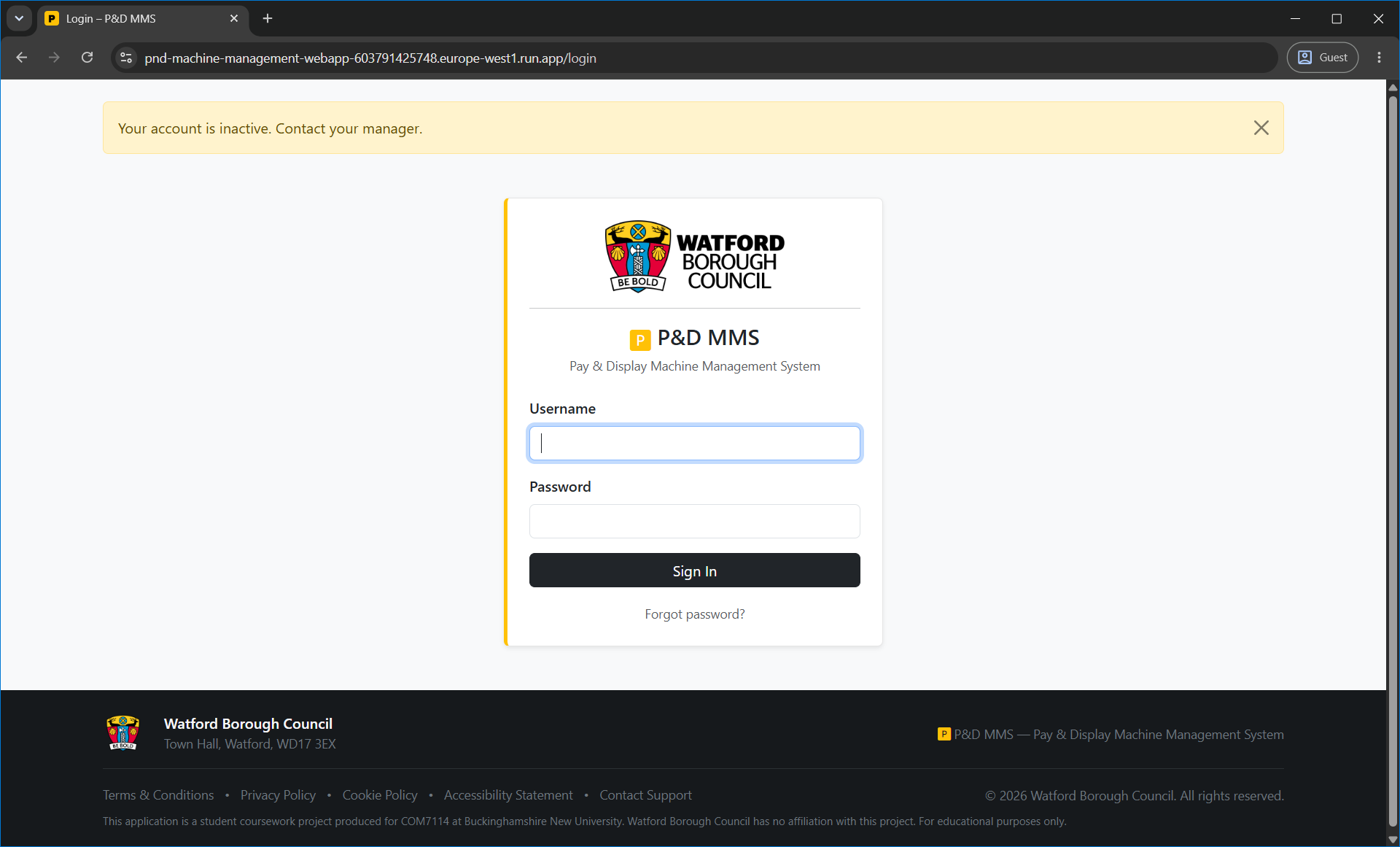 Login page – inactive account warning