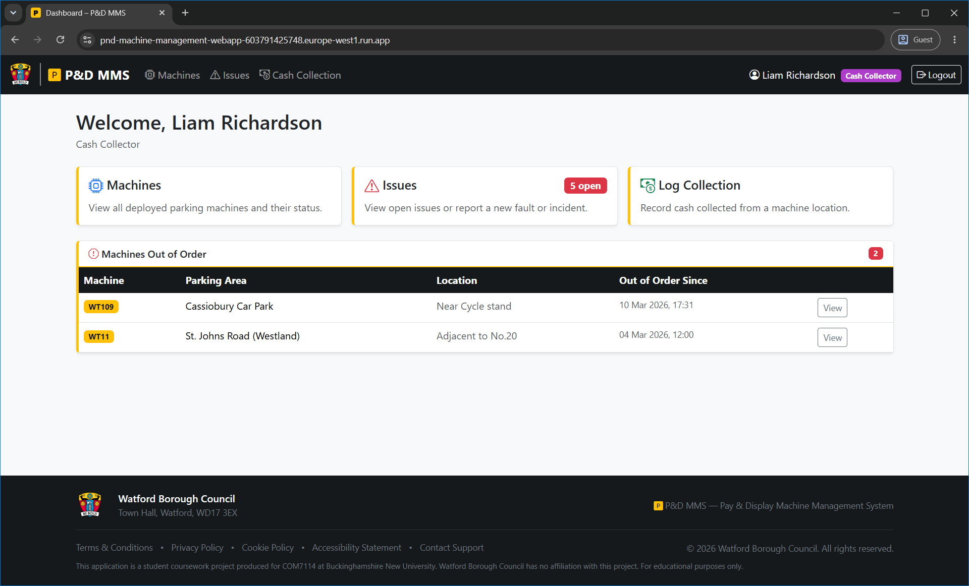 Dashboard – Cash Collector