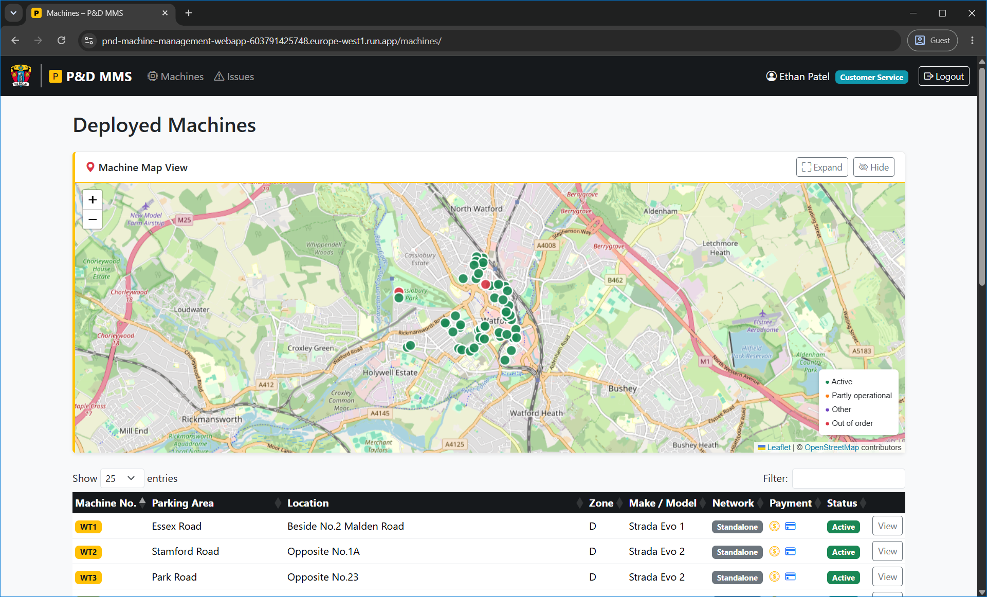 Machine list page