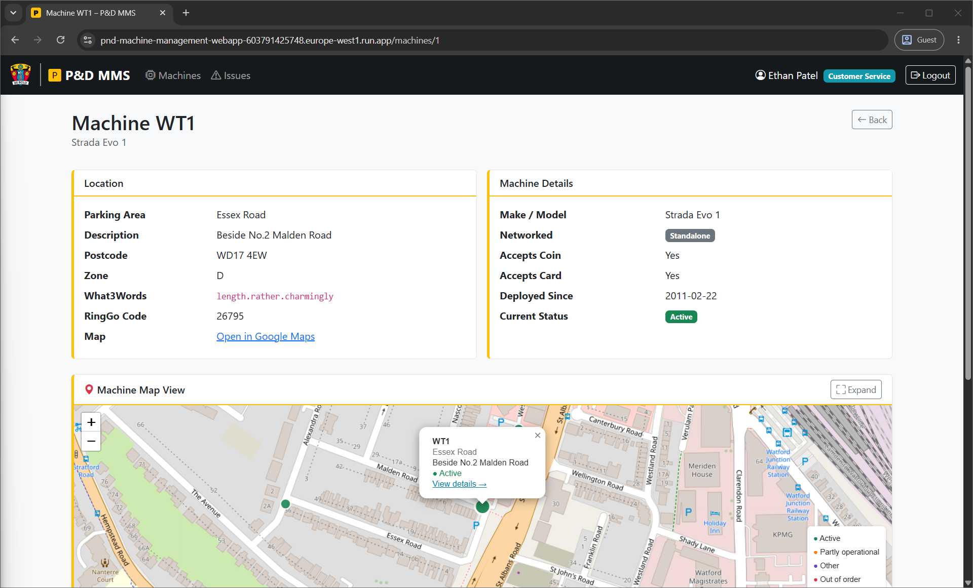 Machine detail page – top