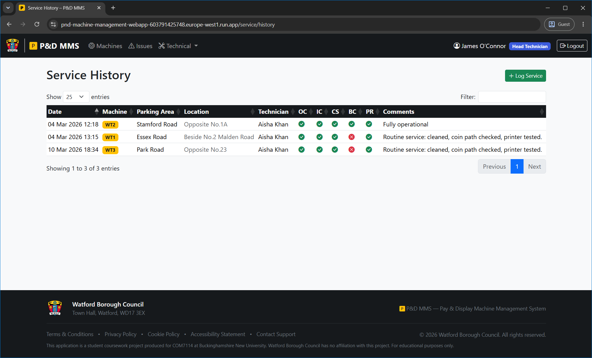 Service history page