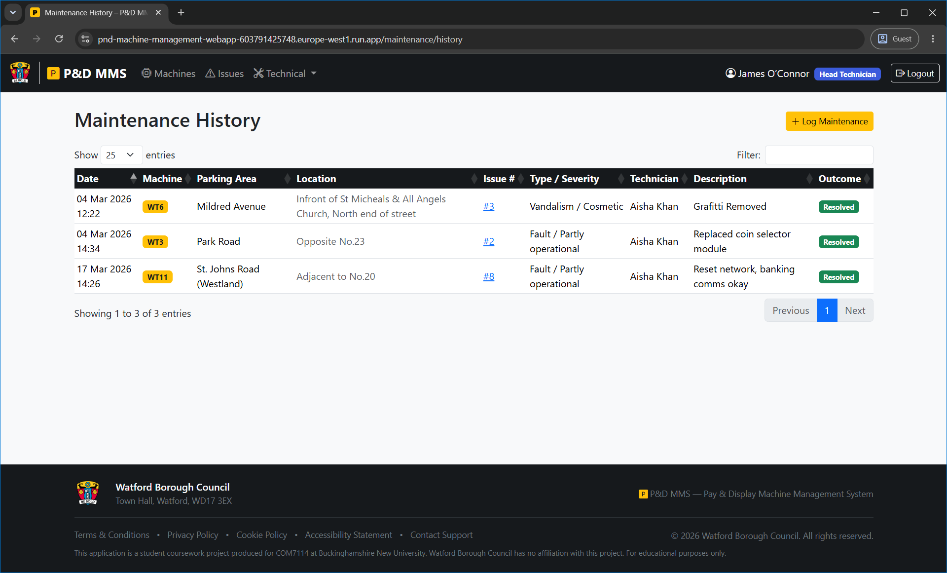 Maintenance history page