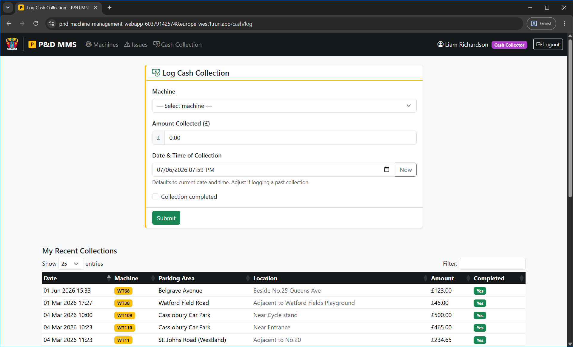Cash collection log form