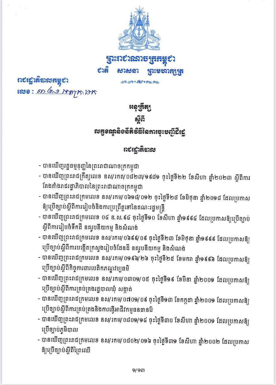 អនុក្រឹត្យ ស្តីពីលក្ខខណ្ឌ និងនីតិវិធីនៃការចុះបញ្ជីដីរដ្ឋ ត្រូវបានបង្កើតឡើងដើម្បីកំណត់អំពីលក្ខខណ្ឌនិងនីតិវិធីនៃការចុះបញ្ជីដីរដ្ឋ តាមរយៈការធ្វើ អត្តសញ្ញាណកម្ម ការធ្វើផែនទី និងការធ្វើចំណាត់ថ្នាក់ដីរដ្ឋ ក