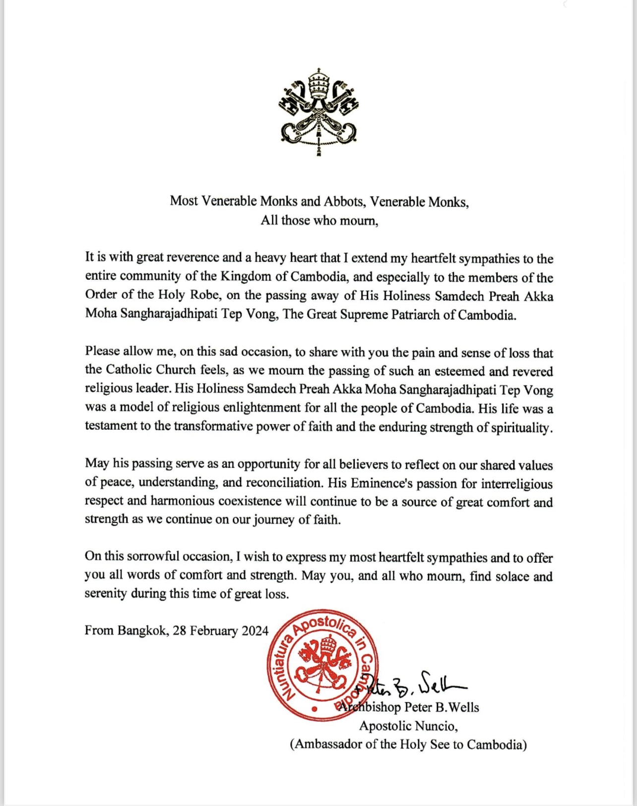 Condolences letter over the dead of the Great Supreme Partrach Tep Vong