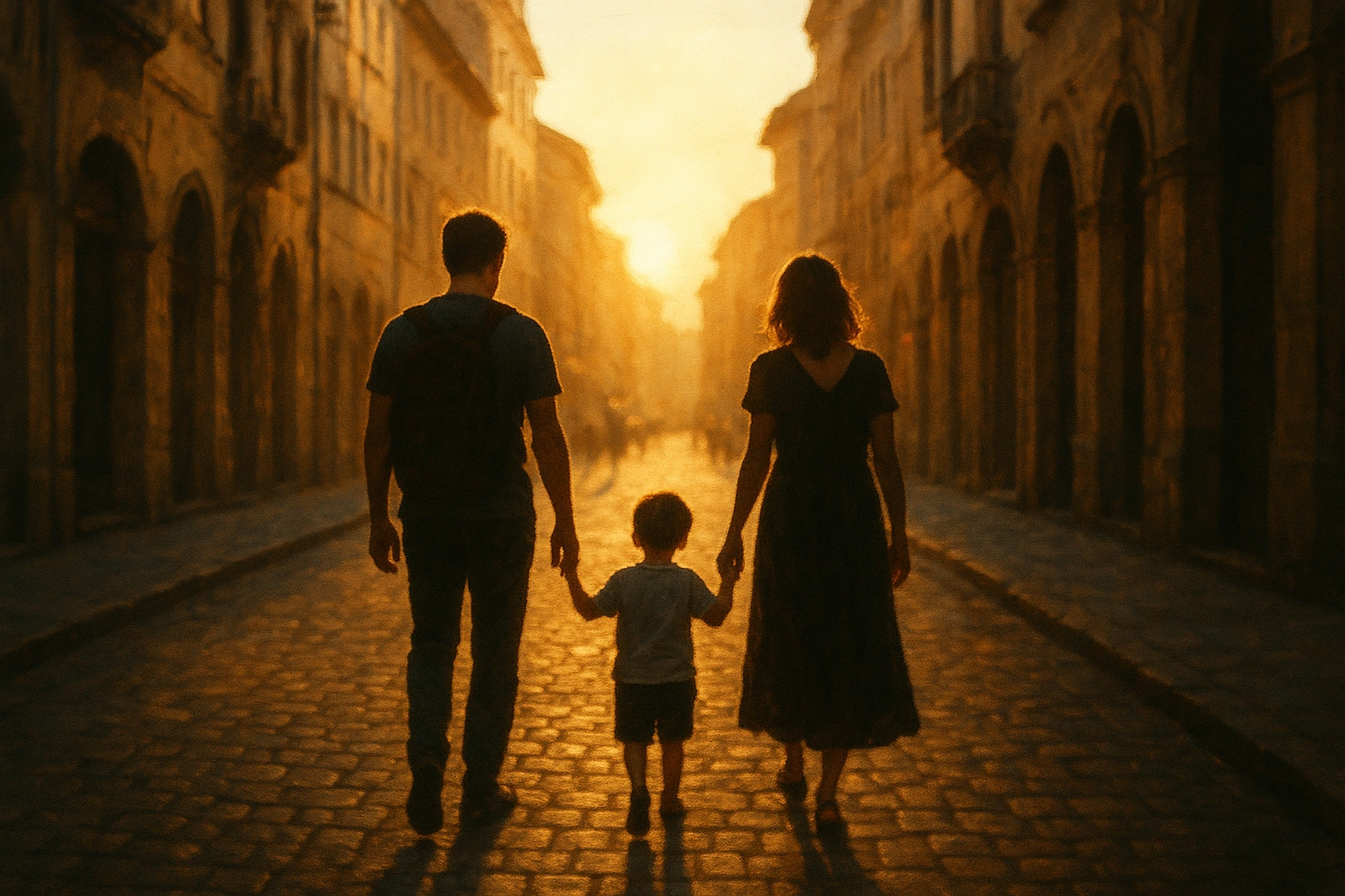 Silhouetted family walking along a historic city street at golden hour