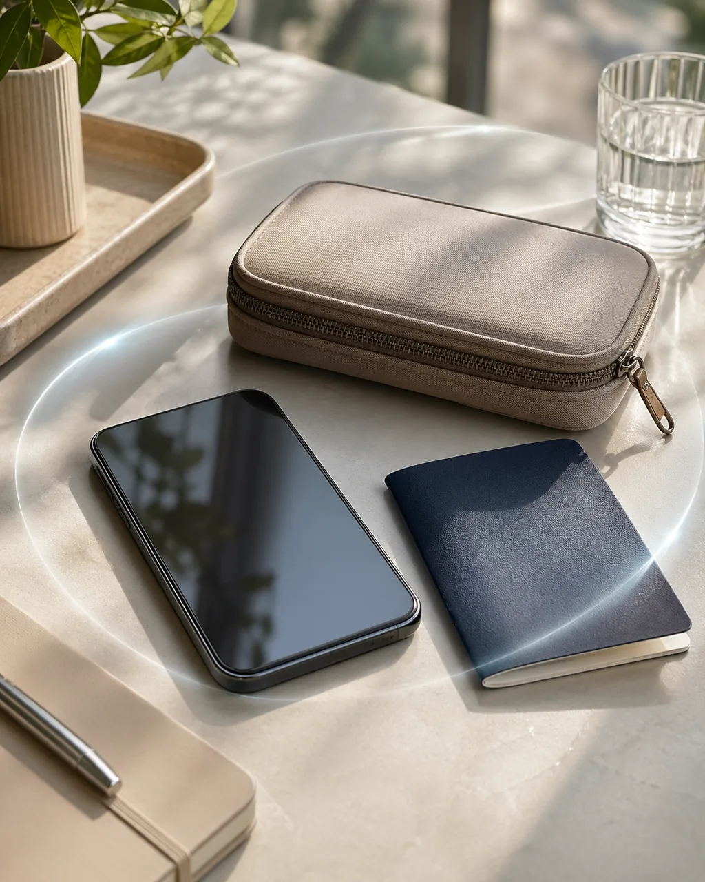 Phone, zipped pouch, and travel document arranged to suggest account security