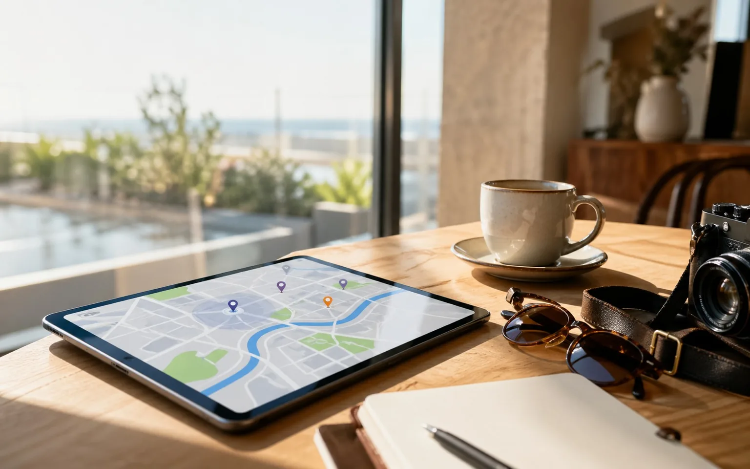 Travel planning table with a tablet map, camera, and café details for exploring recommended places