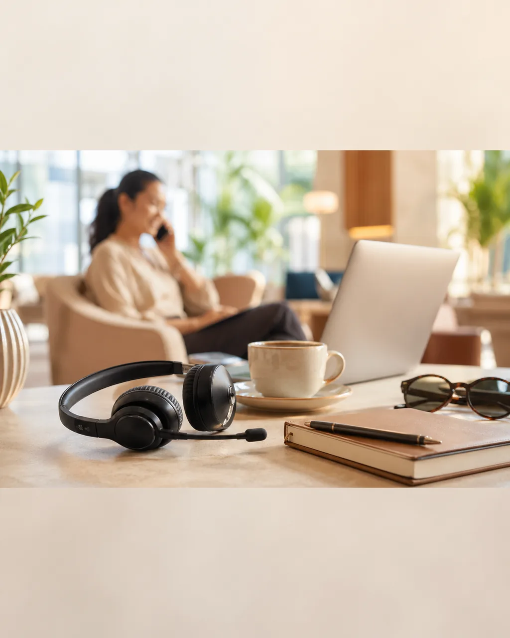 Travel support desk with laptop, headphones, coffee, and lounge seating