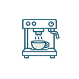 Icono de equipos para cafeteria: taza y maquina espresso.