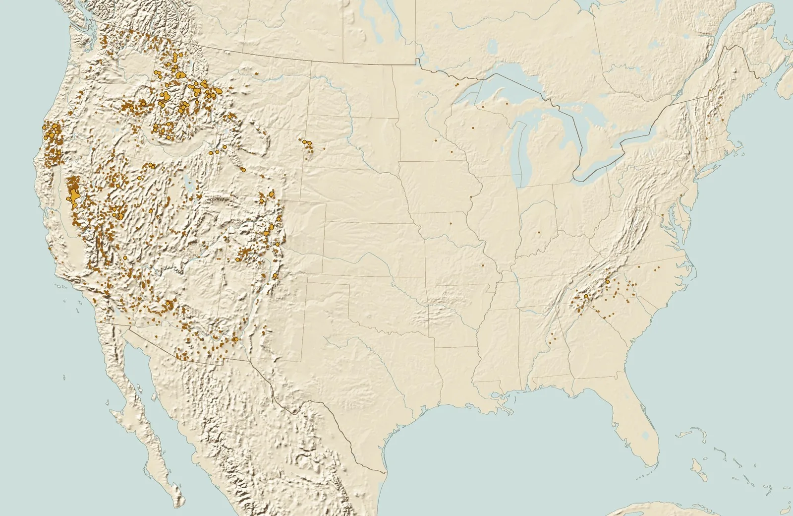 Shaded relief map of the United States with a point at every gold site; placer sites are the brighter points
