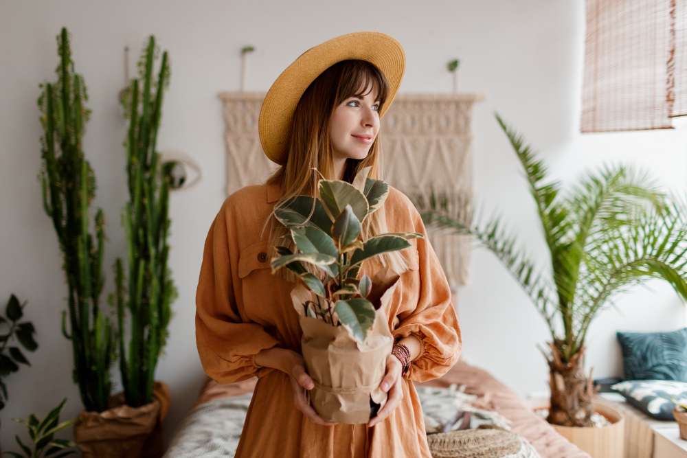 Woman holding a plant wearing eco-friendly clothes.