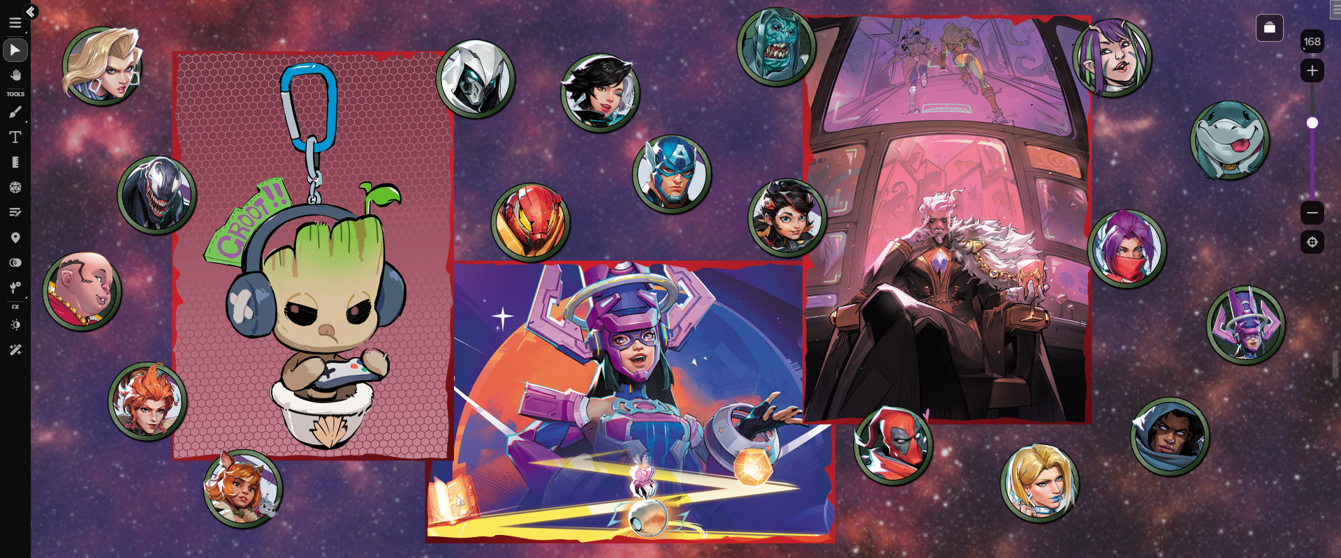A selection of tokens and portraits from the *Marvel Rivals: Timestream* Art Pack, displayed on the Roll20 VTT.