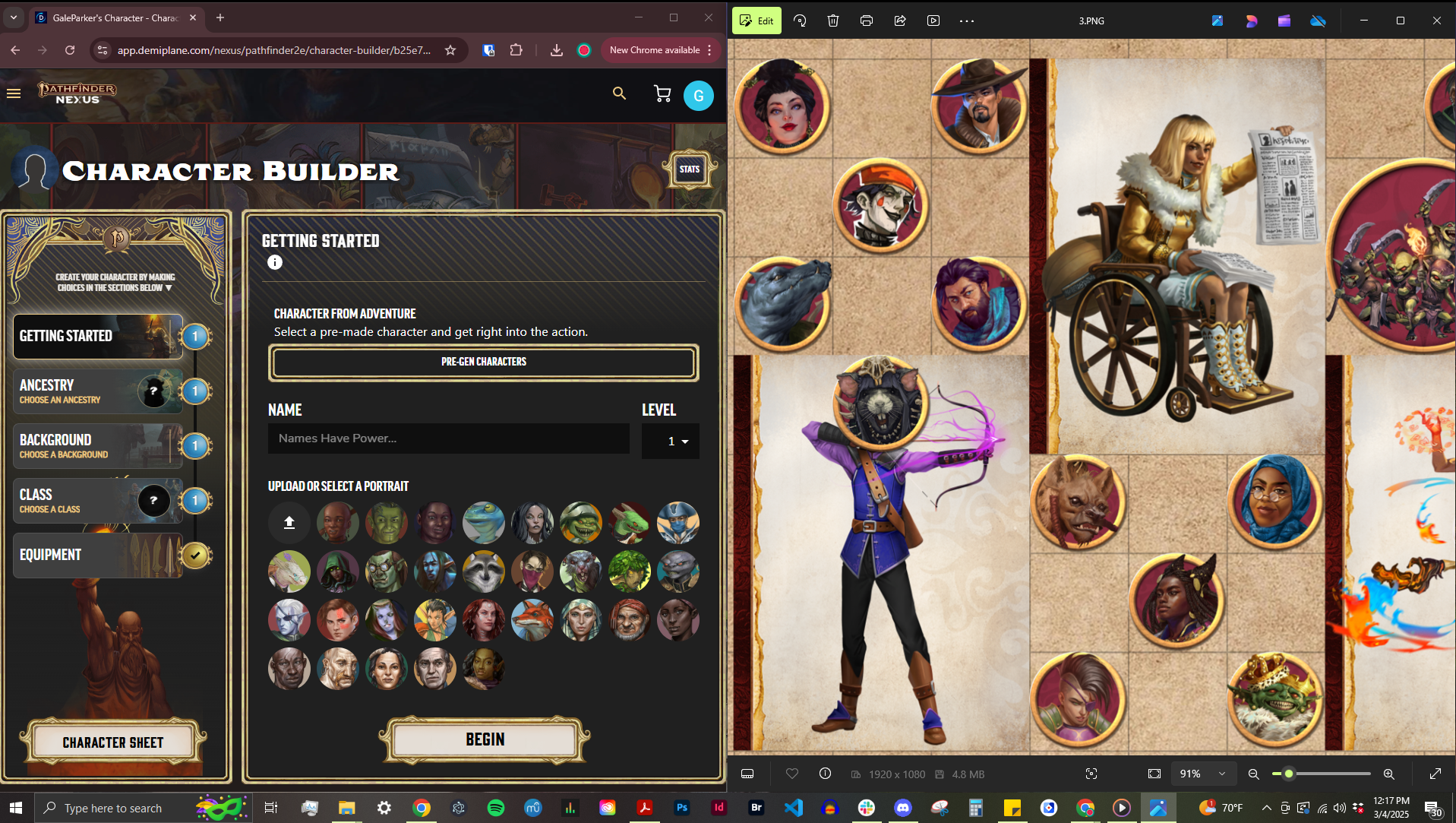 Demiplane Pathfinder Second Edition Character Tools (left) alongside) Art pack display on the Roll20 VTT (right).
