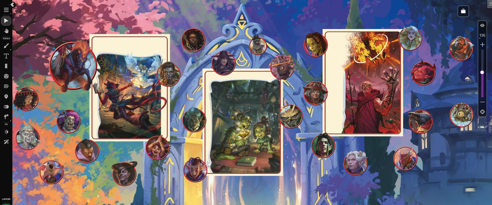 Tokens and Portraits from the *Arcana Unleashed* Art Pack displayed on the Roll20 VTT.