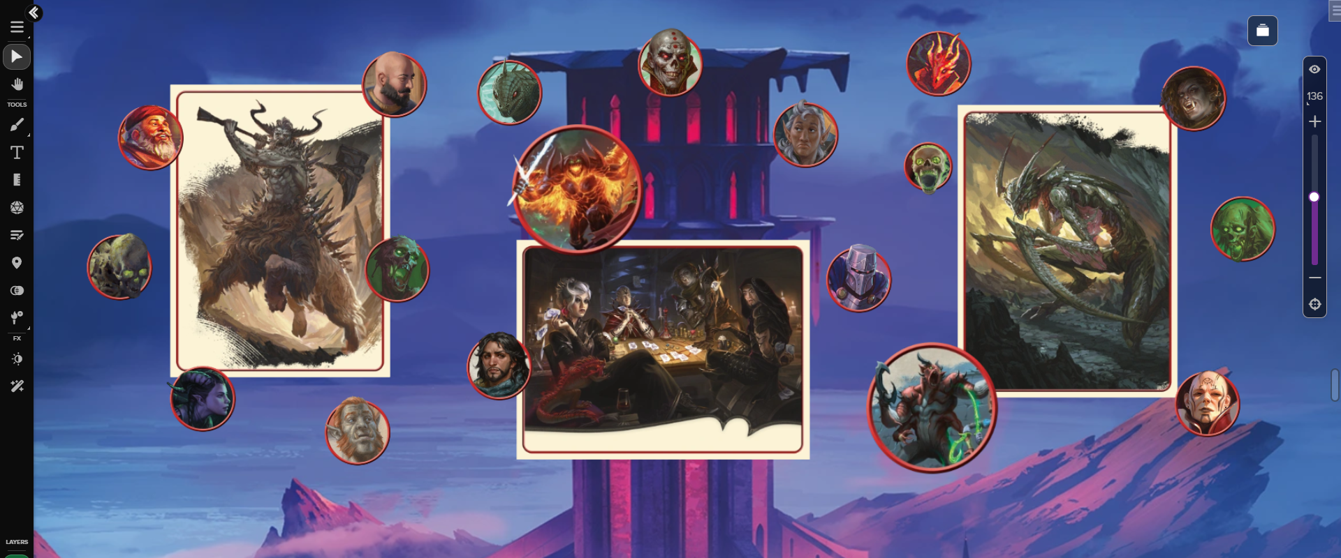 Tokens and Portraits from the *Arcana Unleashed: Deadfall* Art Pack displayed on the Roll20 VTT.