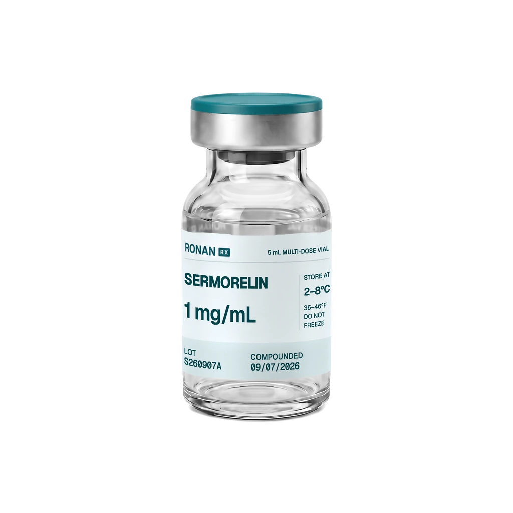 Sermorelin in a RonanRx vial with a teal cap.