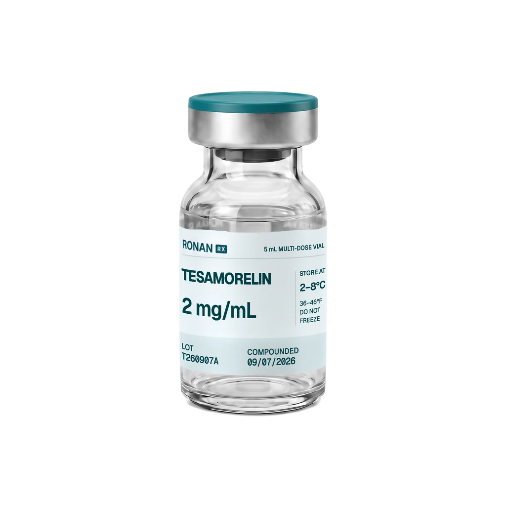 Tesamorelin in a RonanRx vial with a teal cap.