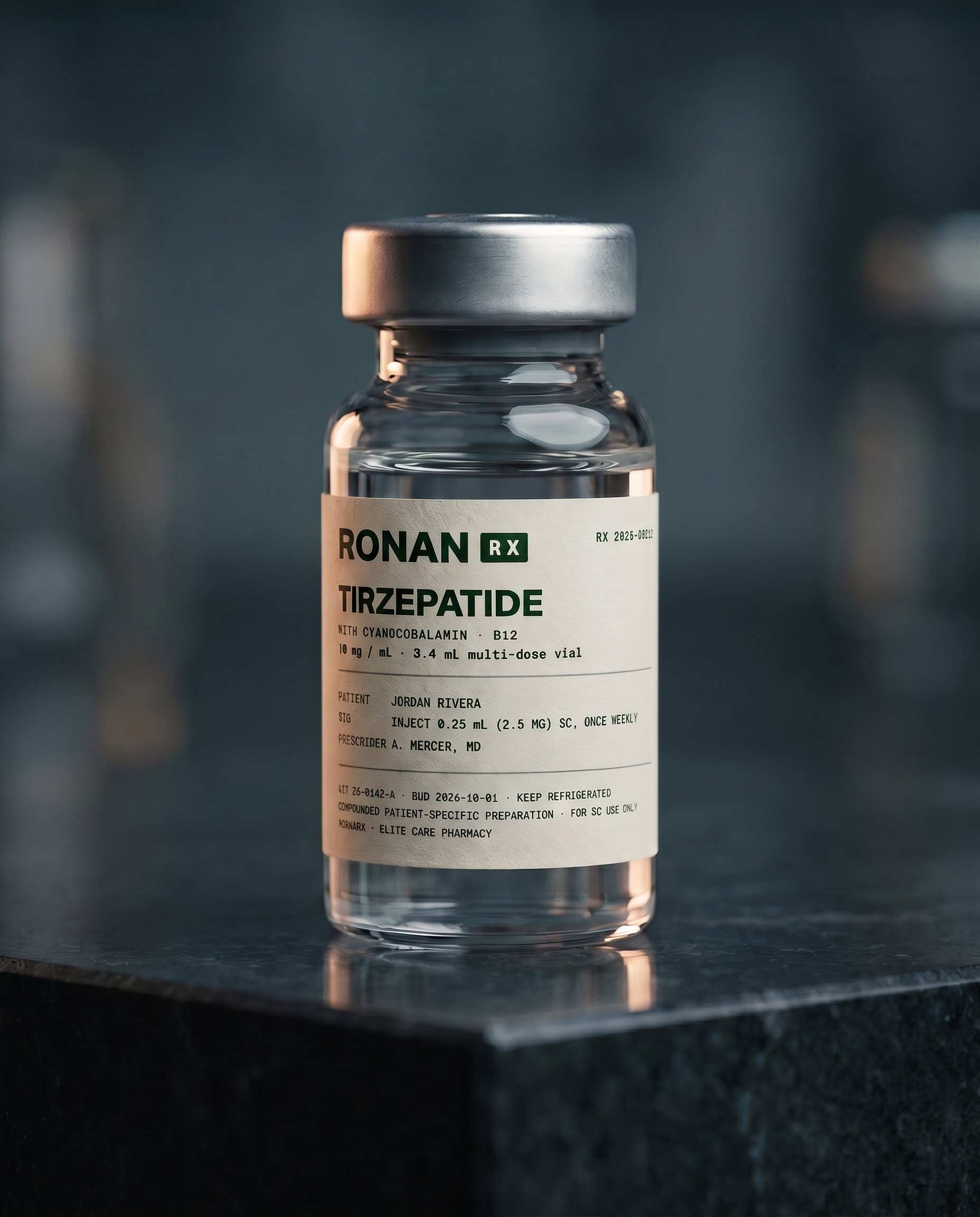 A RonanRx tirzepatide vial, side profile