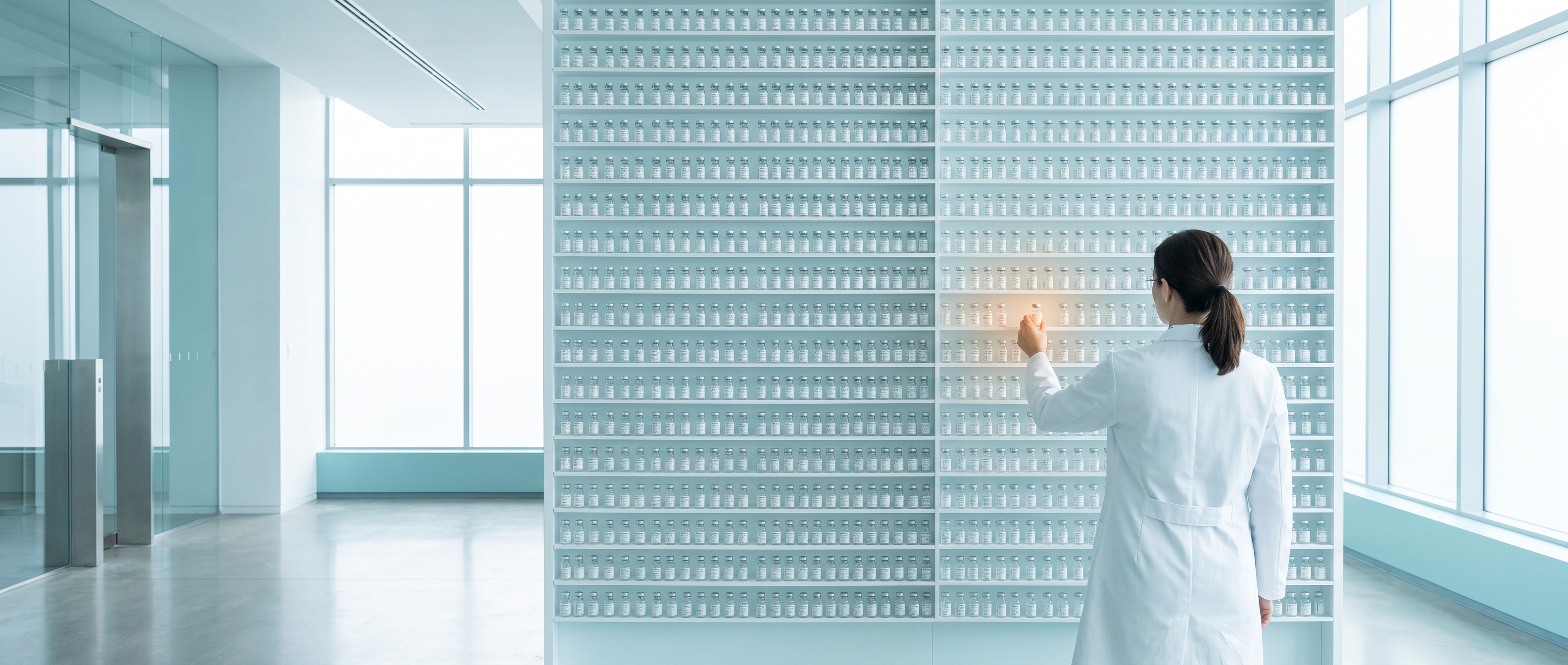 A brightly lit pharmacy archive wall of labeled medicine bottles, each compartment holding a preparation for a single patient.